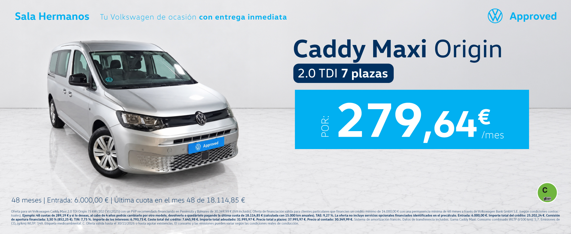 Volkswagen Caddy Maxi Origin por sólo 279€/mes*